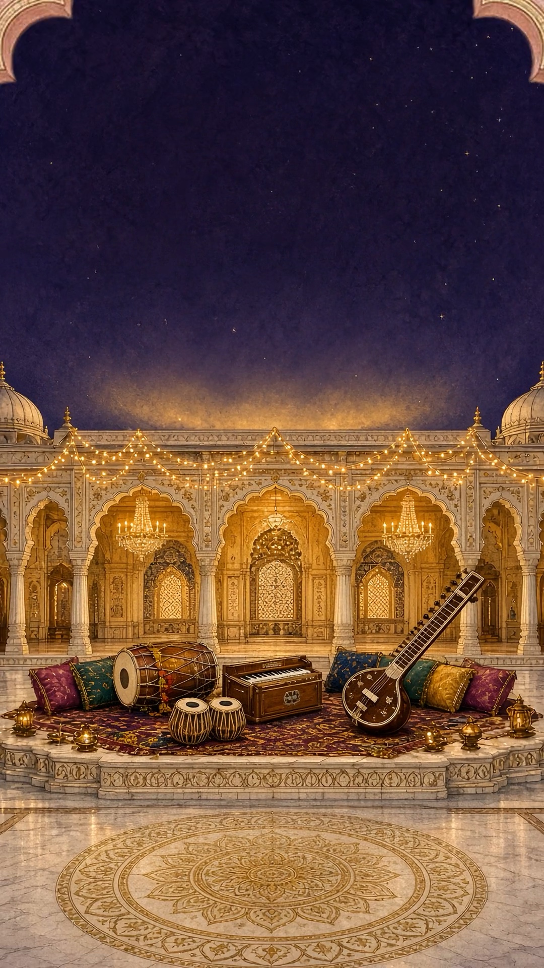 An illuminated palace setting beneath a night sky