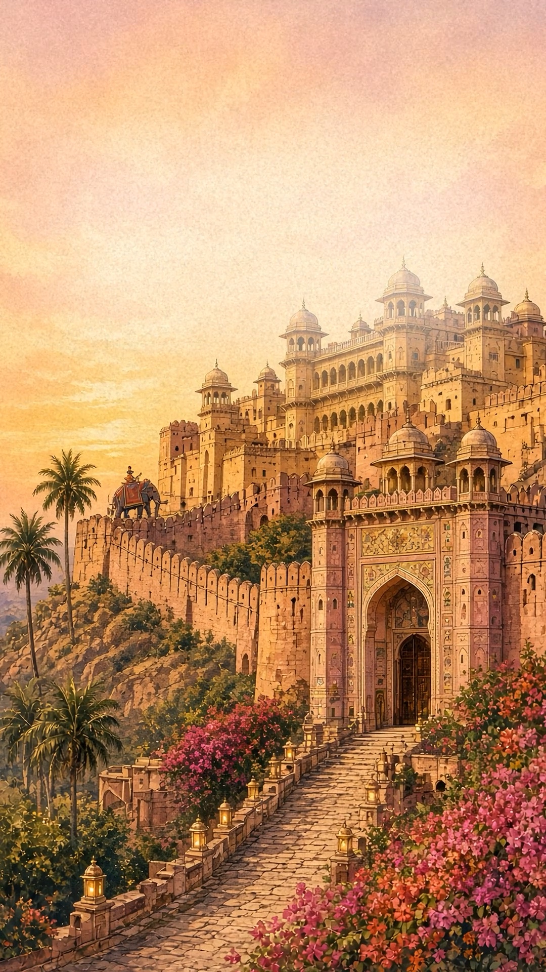 Watercolor illustration of a Rajasthani palace at sunset