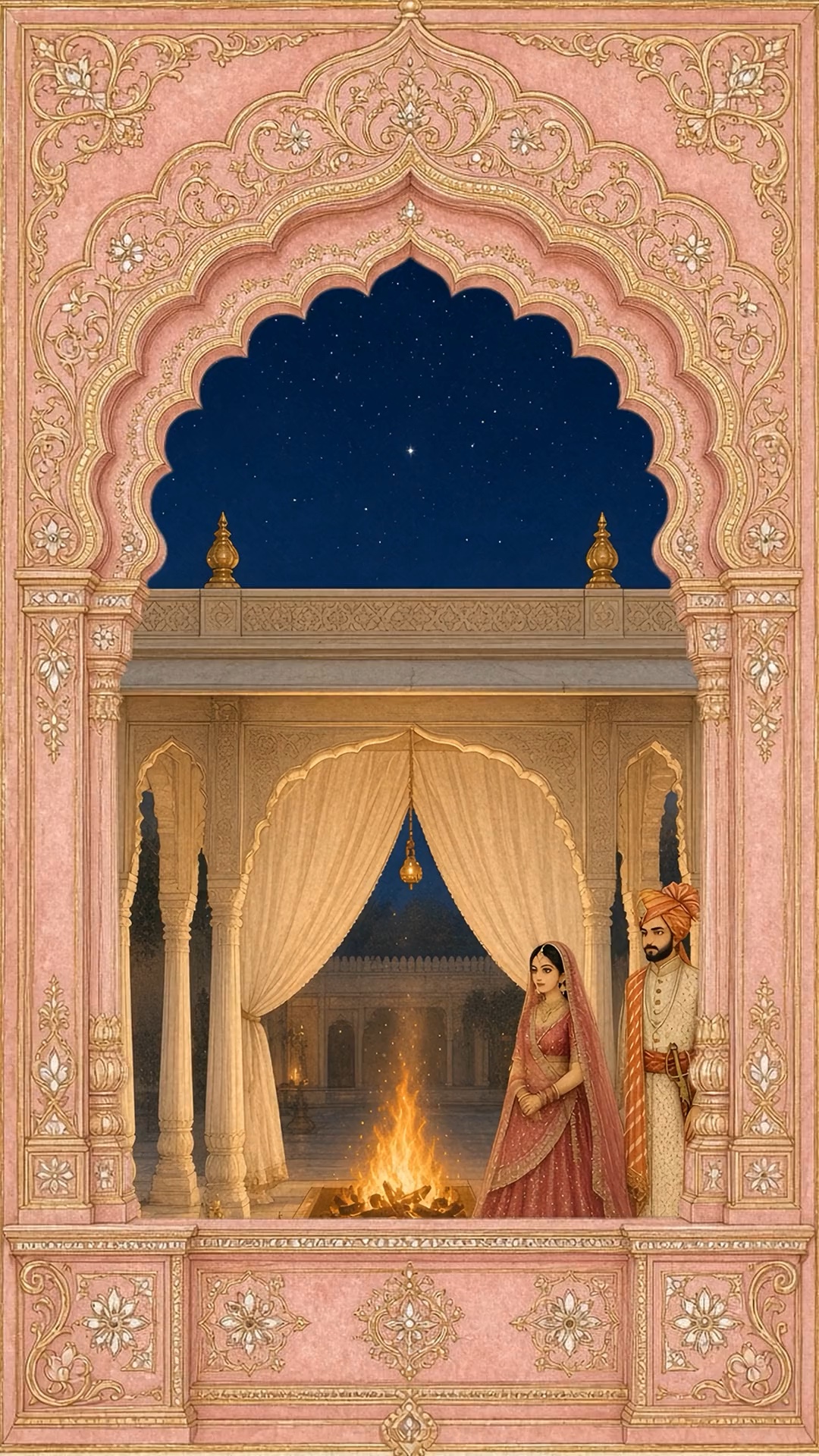 An illuminated palace setting beneath a night sky